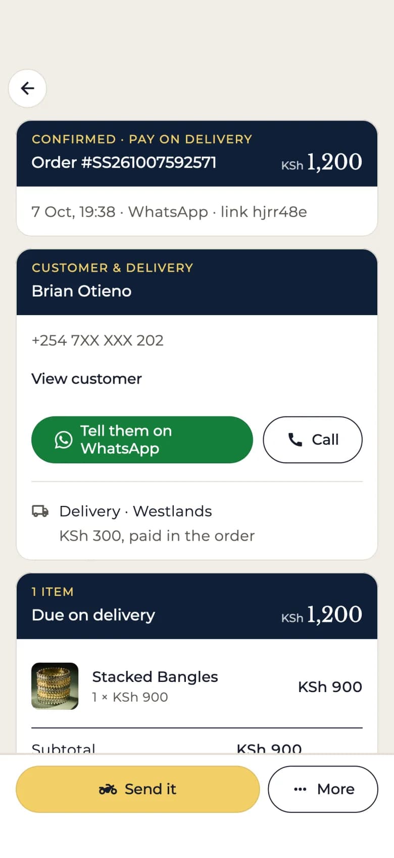 A pay-on-delivery order in the app: KSh 1,200 due on delivery, delivery to Westlands