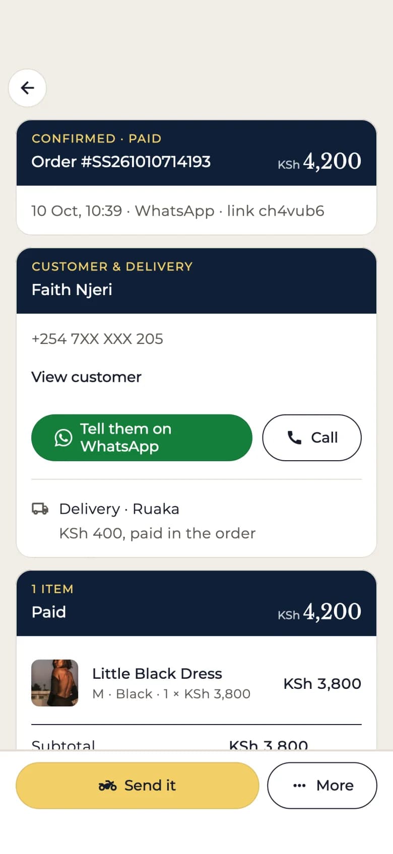 An order marked Confirmed · Paid in the SafiSend Business app, with the WhatsApp link it came from