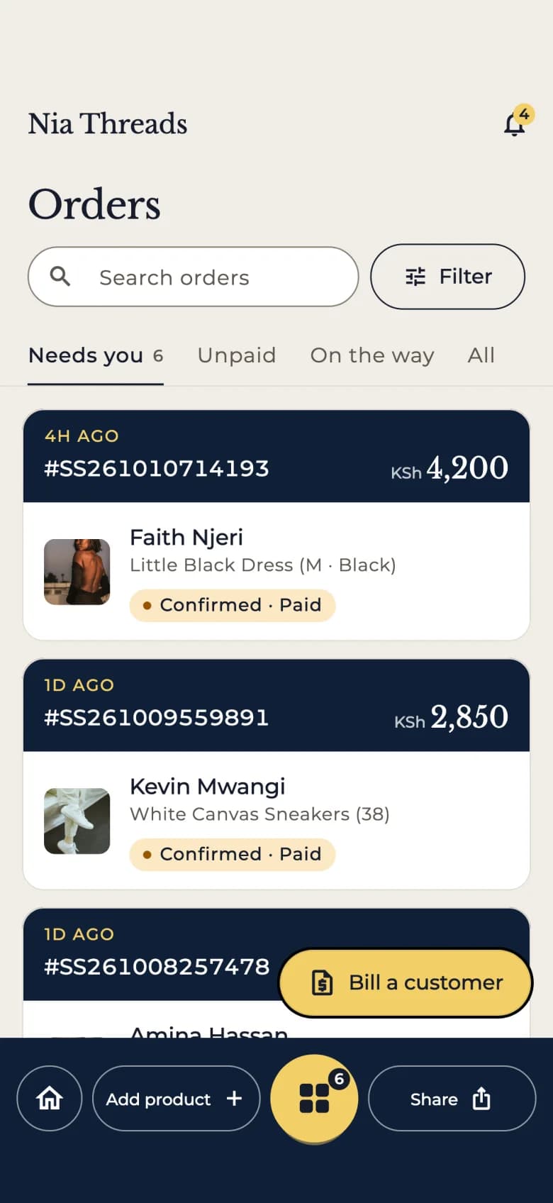The Orders list in the app with its Needs you, Unpaid and On the way tabs